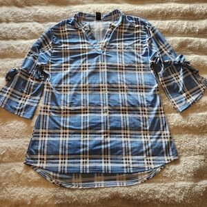 LILDY Women’s Sz L-XL Split Sleeve Blue White Plaid Tunic Top Blouse